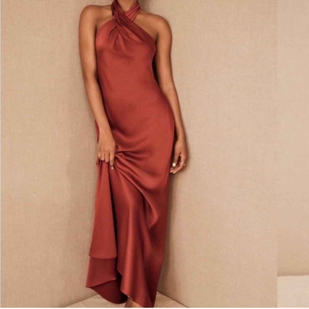 BHLDN Anthropology Ruby Satin Charmeuse Maxi High Neck Halter Open Back Dress